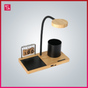 wooden desk lamp with cup warmer and wireless charger